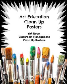 art education clean up posters with paintbrushes lined up in the middle and bottom