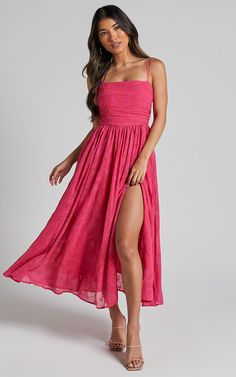 Adina Midi Dress - Embroidered Strappy Straight Neck Ruched Bodice Dress in Pink | Showpo USA Spring Gala Midi-length Sleeveless Dress, Spring Gala Midi Sleeveless Dress, Sleeveless Midi Dress For Spring Gala, Pink Sundress With Straight Neckline, Summer Maxi Dress With Straight Neckline For Bridesmaid, Maxi Dress With Straight Neckline For Bridesmaid In Summer, Pink Sleeveless Dress For Bridesmaid, Bridesmaid Maxi Dress With Straight Neckline For Summer, Spring Pink Maxi Dress With Straight Neckline