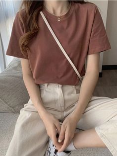 Brown Cotton T-shirt, Neutral Teacher Outfit, Girls Dps, Plain Shorts, Concept Board, Teacher Outfit, Light Academia, Basic Tops, Korean Outfits