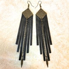 Dangle long leather fringe earrings with brass details 12 | Etsy Leather Fringe Earrings, Charity Shop, Leather Fringe, Fringe Earrings, Gorgeous Earrings, Favorite Dress