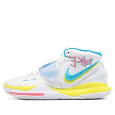 “This is the most comfortable shoe that I’ve ever had, Kyrie says. “The design is better and the new technology is perfect for my game.”  - Nike\n Neon Graffiti, Kyrie 6, Most Comfortable Shoes, Nike Kyrie, Yellow Shop, New Technology, Basketball Shoes, Sneakers Nike, Graffiti