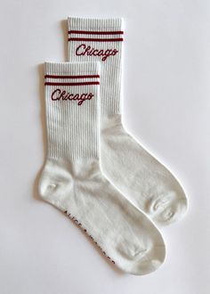 **Alice & Wonder original design**This throwback sock has all the features of a fave: super-soft feel, perfect fit, classic stripe detail and of course CHICAGO. Maroon double stripe Chicago script. 100% Cotton. One Size Fits Most. Sweat Sets, Satin Ribbon Bow, Knit Bottom, Crew Sock, Football Tees, Newest Jordans, Sweet Nothings, Striped Cardigan, Love Is Free