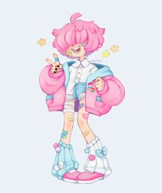 a drawing of a girl with pink hair and boots holding a large object in her hand