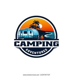 the logo for camping adventures with an rv and palm trees on the beach at sunset