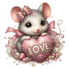 a cute mouse holding a pink heart with the word love on it's chest