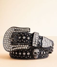 BKE Glitz Skull Leather Belt - Black Large, Women's Black Rhinestone and stud textured 1 1/2 leather belt Shot bead trim Interchangeable metal buckle. Due to the nature of leather/suede, small variances of color in the skin may occur, this is in no way considered a defect. These are inherent characteristics of leather/suede and will enhance the individual look of your garment.. Genuine leather. Apparel & Accessories Skull Belt, Women's Belts, Belt For Women, Studded Belt, Belt Black, Beaded Trim, Black Rhinestone, Metal Buckles, Black Belt