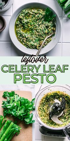 celery leaf pesto in a bowl and on a cutting board