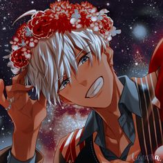 an anime character with white hair and red flowers in his hair, holding her hand up to her face