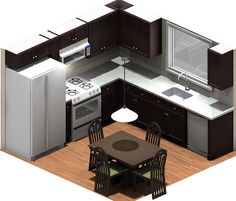 an overhead view of a kitchen and dining room with refrigerator, stove, sink, table and chairs