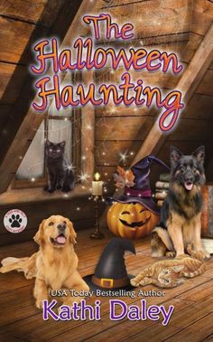 the halloween - themed book cover with two dogs and three cats