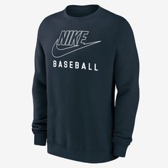 It's your game. Make sure everybody knows in this soft fleece sweatshirt. Cheap Men's Sports Sweatshirt, Crew Neck Sweatshirt For Streetwear And Baseball Season, Nike Crew Neck Sports Sweatshirt, Nike Long Sleeve Team Logo Sweatshirt, Blue Moisture-wicking Sweatshirt For Sports, Nike Swoosh, Fleece Sweatshirt, Mens Activewear, Blue Fashion