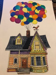 a drawing of a house with balloons flying over it