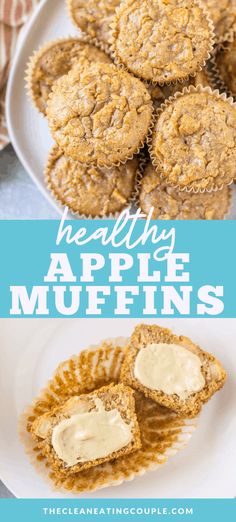 healthy apple muffins on a white plate with apples in the background and text overlay that reads healthy apple muffins