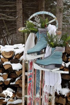 a sled with skis and snow shoes on it in the snow next to logs