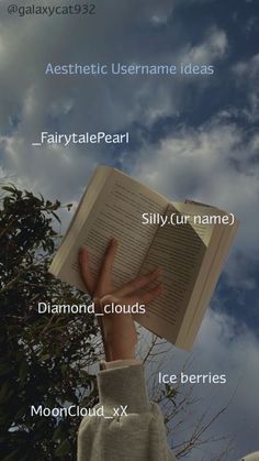 a person holding an open book in front of the sky with other words below it