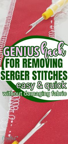 two sewing needles and needle tips sitting on top of a red table cloth with the words genius hack for removing sever stitches easy & quick