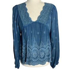 Rachel Zoe Vneck Eyelet Blouse- Nwot, Never Been Worn Chic Blue V-neck Top For Spring, Bohemian Blue V-neck Tops, Blue Bohemian V-neck Tops, Blue Bohemian V-neck Blouse, Blue V-neck Peasant Top For Summer, Satin Wrap Blouse, Dark Green Blouse, Blue Balloon, Kobi Halperin