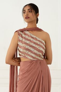 Buy Pink Crepe Embroidery One Shoulder Draped Gown For Women by Nidhika Shekhar Online at Aza Fashions. Draped Gown, Gown Pink, Drape Gowns, Gown For Women, Embroidered Bodice, Luxury Sale, Pink Gowns, Ladies Gown, Embroidered Neckline