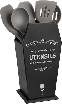 a black utensil holder with spoons in it