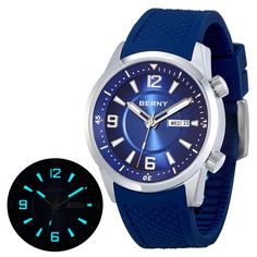 Built with 20Bar water resistance that makes it a diver's favorite accessory, this automatic-self-wind wristwatch for men is both sturdy and functional. Set in a round stainless steel case, it stays well-protected by its sapphire crystal dial window. Fitted with a durable silicon band that is secured by a buckle clasp, this mechanical watch is further enhanced with features like luminous hands, auto date, complete calendar, and more! Durable Blue Watch With Round Dial, Automatic Watches For Diving, Automatic Diving Watch With Round Dial, Blue Diving Chronograph Watches, Blue Chronograph Diving Watches, Blue Diving Watch With Chronograph, Blue Diving Watch With Round Dial, Blue Watches With 10atm Water Resistance, Blue Water-resistant Watch With Round Dial