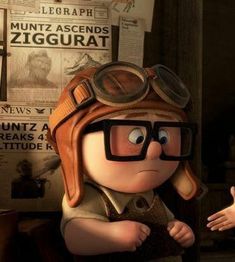 an animated character wearing glasses and a helmet with newspaper on the wall in the background