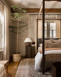 a bedroom with a canopy bed and wooden floors