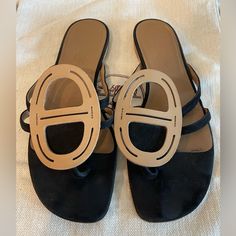 Never Out Of Style! This Stunning Thong Flats Will Literally Match Any Dressy Or Casual Outfit! Only Reason For Selling Them, My Foot Got A Size Bigger. Bought Them In Europe. Comes With Dust Bag Hermes Shoes, Flats Sandals, Suede Flats, Tan Suede, Black Tan, Out Of Style, Black And Tan, Casual Outfit, Flat Sandals