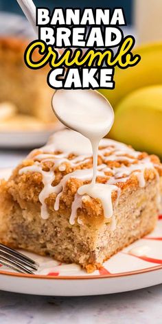 a banana bread crumb cake on a plate with a fork and bananas in the background