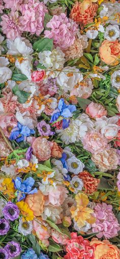 many different colored flowers are arranged together