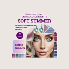 COLOR PALETTE FOR SOFT SUMMER (TONED SUMMER) SEASON IN THE 16-SEASON COLOR ANALYSIS SYSTEM includes Digital Color Palette for makeup, clothing, hair and jewelry.  WHAT YOU WILL GET IN THE 55-PAGE PDF FILE:   🌀Color palette for the Soft Summer (Toned Summer) season - 100 colors 🔥 🌀 Description of the Soft Summer palette 🌀 Best color combinations of the palette - 30 options 🌀 Hair colors - 9 shades 🌀 Makeup colors for Soft Summer, both matte and shiny: lipstick, foundation, blush, bronzer, e Colors For Soft Summer, Soft Summer Color Palette Hair, Light Summer Color Palette Makeup, Soft Summer Palette, Soft Summer Color Palette, Shiny Lipstick, Soft Summer Colors, Summer Palette, Good Color Combinations