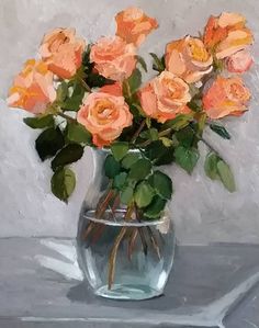 a painting of orange roses in a glass vase