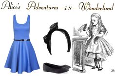 an illustration of alice's adventures in wonderland with blue dress, black shoes and headband