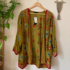 New With Tags, Beautiful And Unique Layer With Sequin Embroidery Throughout. Color Is Listed As "Citron," I Think It Can Also Be Described As A Light Mossy Green Color. Very Boho/Vintage Vibes. Made In India. Originally $120, Bought On Sale For $90, Selling For $60. Size: M Measurements: See Photos Materials: 100% Polyester Condition: Nwt Any Questions Or Clarifications, Lemme Know In The Comments! Spring Folk Style Embroidered Kimono, Spring Folk Kimono With Floral Embroidery, Summer Festive Embroidered Kimono, Summer Folk Style Embroidered Kimono, Summer Embroidered Folk Kimono, Spring Cotton Kimono With Floral Embroidery, Embroidered Kimono For Spring Festival, Embroidered Folk Kimono For Summer, Spring Festive Embroidered Kimono