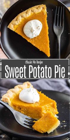 a slice of sweet potato pie on a black plate with a fork and whipped cream