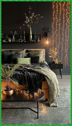 a bedroom with lights and plants on the wall above the bed in front of it