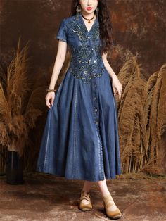 Description Product ID: DS2051217 Material: Denim Pattern: Embroidery Sleeve Length: Short Sleeve Closure Type: Button Length: Below Knee Length Style: Fashion, Vintage, Elegant Occasion: Party, Dating, Travel Package included 1 * Dress Size Chart (Asian Size): Please allow 1-3 cm measured error. Size Length Chest Sleeve Length Waist M 120cm | 47.2 in 90cm | 35.4 in 16.5cm | 6.5 in 76cm | 29.9 in L 120cm | 47.2 in 94cm | 37.0 in 17cm | 6.7 in 80cm | 31.5 in XL 120cm | 47.2 in 98cm | 38.6 in 17.5cm | 6.9 in 84cm | 33.1 in XXL 120cm | 47.2 in 102cm | 40.2 in 18cm | 7.1 in 88cm | 34.6 in 3XL 120cm | 47.2 in 106cm | 41.7 in 18.5cm | 7.3 in 92cm | 36.2 in 4XL 120cm | 47.2 in 110cm | 43.3 in 19cm | 7.5 in 96cm | 37.8 in Elegant Denim Dress With Buttons, Elegant Buttoned Cotton Denim Dress, Embroidered Fitted Denim Dress, Elegant Cotton Denim Dress With Buttons, Elegant Buttoned Denim Dress, Fitted Floral Embroidery Denim Dress, Floral Embroidered Fitted Denim Dress, Elegant Blue Denim Dress With Button Closure, Dresses Ladies