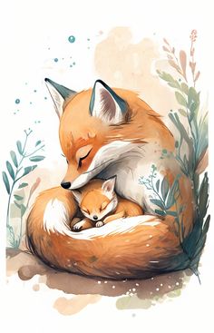 an illustration of a mother fox and her baby sleeping on top of it's back