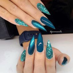 Teal Nails, Green Nail, Glam Nails, Cute Nail Designs, Pretty Acrylic Nails