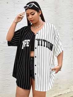 Black and White Casual Collar Half Sleeve Polyester Letter,Striped Top Embellished Non-Stretch  Plus Size Tops Over Size T Shirt Outfit, Casual Striped Shirt, Drop Shoulder Shirt, Beachwear Fashion, Cute Simple Outfits, Baseball Shirts, Plus Size Blouses, White Casual, Kids Beachwear