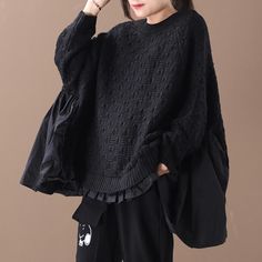 Buykud Loose Batwing Sleeve Pleated Spliced Sweater - rrdeye Black Long Sleeve Sweater With Splicing, Black Patchwork Sweater For Spring, Double 11, Solid Sweaters, Cheap T Shirts, Singles Day, Sweater Blouse, Batwing Sleeve, Bat Wings