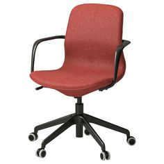 a red office chair with wheels and casteors on an isolated white background, viewed from the front