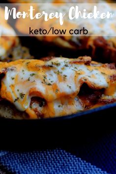 a close up of food in a pan with cheese and sauce on the top, text overlay reads keto / low carb