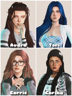 four different types of female avatars with their names in the middle one is wearing glasses