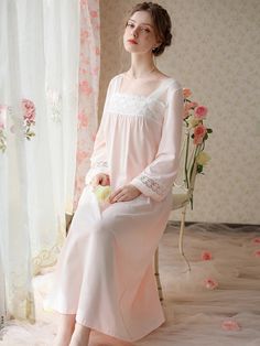 Slessic Vintage Romantic Chinese Style Embroidered Lace See-Through Mesh Long-Sleeved Nightwear Nightdress Sleepwear Aesthetic, Trumpet Sleeve Dress, Nightwear Dress, Bridal Nightgown, Vintage Pajamas, Sleepwear Dress, Vintage Nightgown, Pajama Dress, Style Looks