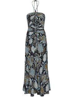 black/multicolour crepe de chine all-over snakeskin print halterneck tie fastening cut-out detailing fitted waistline flared skirt mid-calf length Leather Halter Dress, Metallic Knit Dress, Midi Dress Outfit, Snake Print Dress, Halterneck Dress, Snakeskin Print, Vestido Casual, Pleated Midi Skirt, Printed Midi Dress