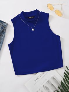 Royal Blue Casual   Polyester Plain Tank Embellished Slight Stretch Summer Women Tops, Blouses & Tee Women Tank Tops, Summer Women, Royal Blue, Tank Tops, Collar, Blue