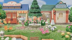 an animated image of a woman sitting on a bench in front of a flower shop