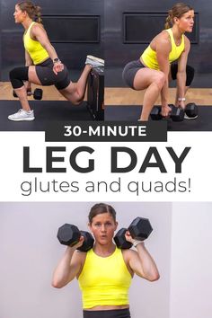 a woman doing squats with dumbbells in front of her and the words 30 - minute leg day