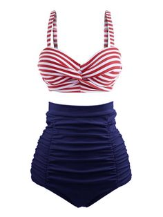 Striped Colorblock Retro Bikini Set – Retro Stage - Chic Vintage Dresses and Accessories 80s Bikinis Vintage, Vintage Inspired Swimwear, Plus Size Bikinis, Bikinis Retro, Style Vert, Pin Up Swimsuit, High Waisted Swimsuit, Plus Size Swimsuit