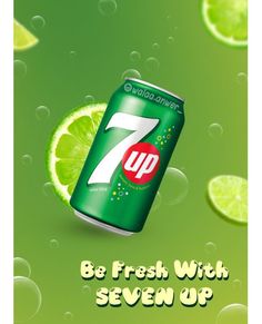 a can of 7 up soda with limes around it and the words, be fresh with seven up